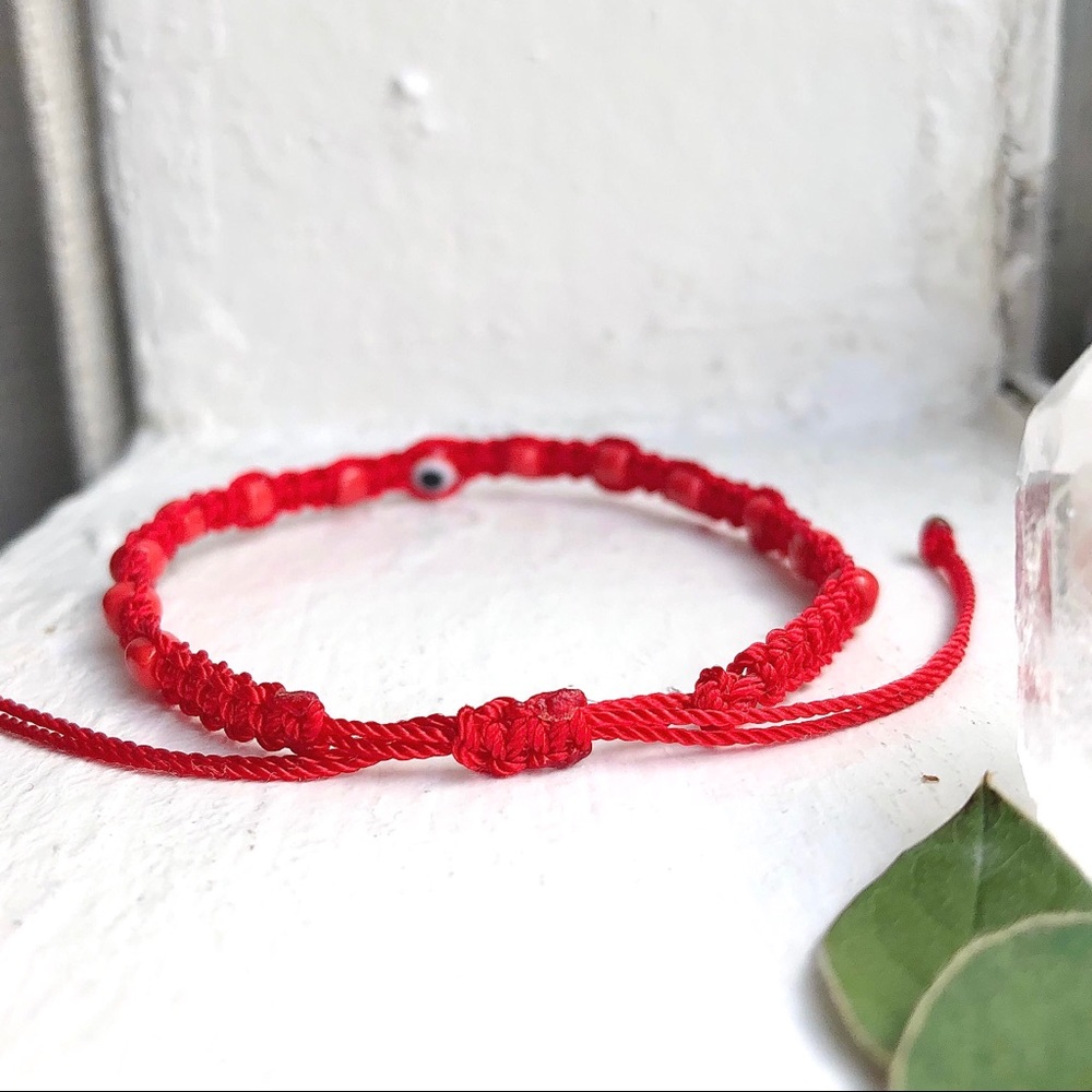 Red Turkish Evil Eye Nylon Beaded Bracelet <o> - Picture 2 of 2